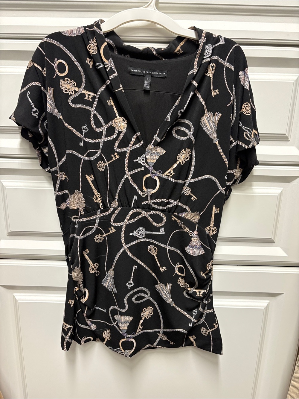 White House Black Market Black Key & Tassel Print V-Neck Blouse